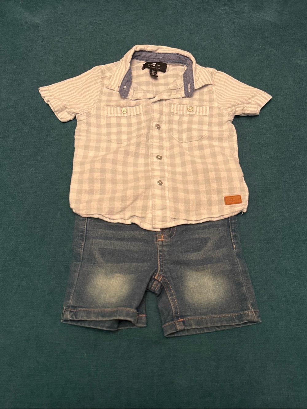 7 For All Mankind Blue & White Cotton/Linen Collared Shirt With Denim Shorts 18M